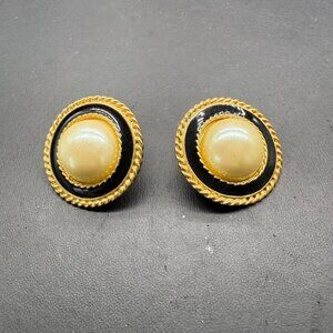 Vintage Gold & Black Round Clip-On Earrings With Faux Pearl Center